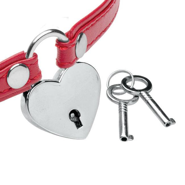 Heart Lock Leather Choker w Key - Red - Smoosh