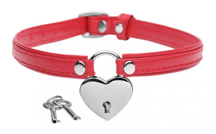 Heart Lock Leather Choker w Key - Red - Smoosh